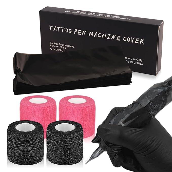 200Pcs Large Tattoo Machine Covers with Black Tattoo Pen Bags and 4Pcs Tattoo Machine Tape Grip Wrap
