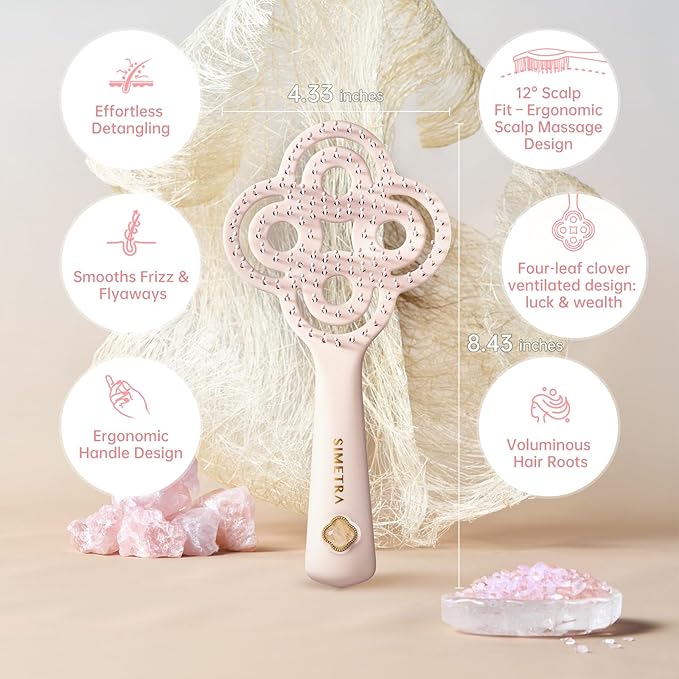 Simetra Detangler Hair Brush for Woman and Men, Original Detangling Brush for Curly Hair/Fine &Thick/Wet & Dry Hair, Holiday Present Hairbrush - Natural Crystal Inlay & 14K Gold Plating