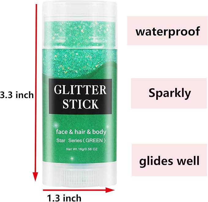 MEICOLY Green Body Glitter Stick,Christmas Hair Glitter Stocking Stuffers for Women,Green Accessories for Spirit Week,Alien Face Glitter,St Patricks Day Accessories,Chunky Glitter for Mardi Gras