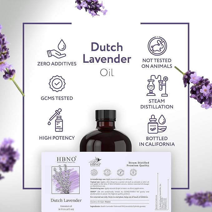 HBNO Lavender Dutch Oil - 16 oz (475 ml) Large Size - Ideal for Shampoos, Conditioners, Mouth Washes, Face wash, Lotions, and Skin Care Products (Glass Bottle).