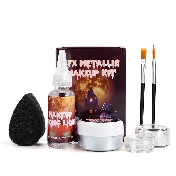 Ultra-Fine Silver Makeup Metallic Powder, Silver Metallic Chrome Powder For Face & Body Paint with Mixing Liquid, SFX Makeup Kit For Halloween Costume Cosplay, Full Coverage Face Painting Kit