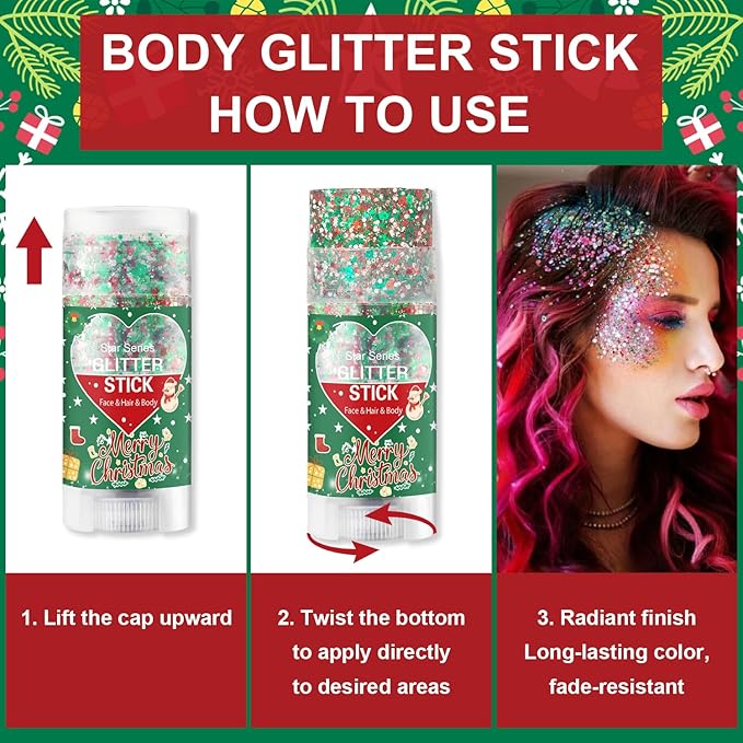 Christmas Body Glitter Stick, Waterproof Halloween Face Glitter Gel, Chunky Glitter Face Paint, Green Red White Sequin Hair Glitter Makeup for Women and Kid (Green Red White)