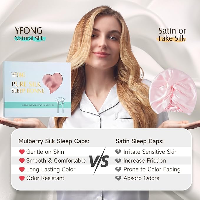 YFONG Double Layered 100% Mulberry Silk Bonnet for Sleeping Women, 22 Momme 6A Luxury Silk Sleep Cap with Elastic Band & Tie, Natural Night Wrap for Hair Care Short Long Curly Hair, Pink