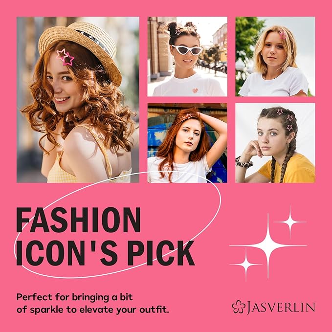 36 Pcs Star Snap Hair Clips, Y2k Colorful Cute Barrettes for Women Girls, Thick Fine Non-Slip Hairclips Accessories Glitter Kawaii Rave Assorted Size Style (Pink)