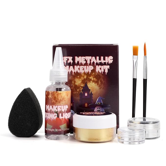 Ultra-Fine Gold Makeup Metallic Powder, Gold Metallic Chrome Powder For Face & Body Paint with Mixing Liquid, SFX Makeup Kit For Halloween Costume Cosplay, Full Coverage Face Painting Kit