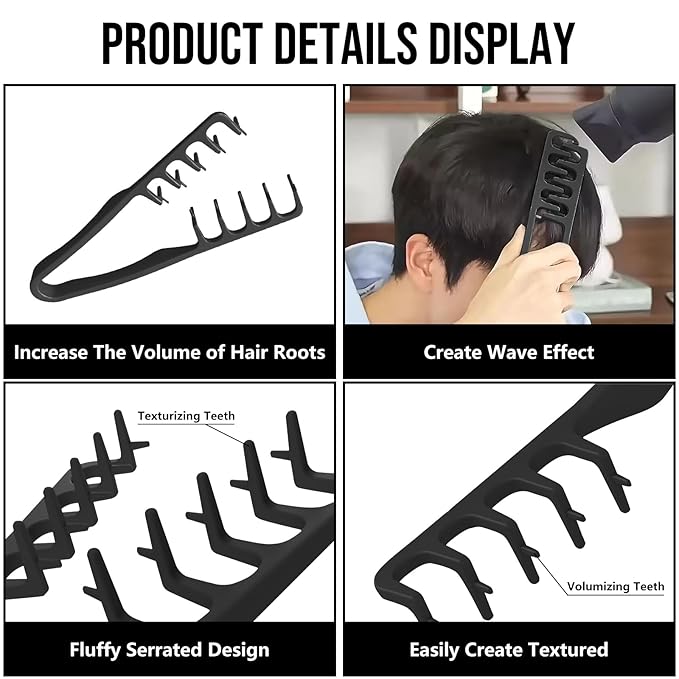Volumizing Texture Comb, Wide-Tooth Hair Styling Comb for Men & Women, Fluffy Curly Texture Roots Volume Combs, Bangs Seam Grooming Styling Tool, Black