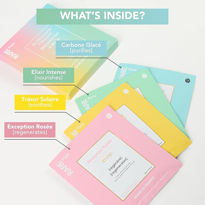 RARE Paris – Discovery Face Mask Set – 4 Sheet Masks for Hydration, Glow & Skin Balance – Regenerates, Soothes, Nourishes & Purifies – All Skin Types