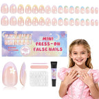 16 Sizes Press on Nails Kit for Kids - 32 Pieces French Almond Fake Nail Tips for Girls 8-12 Years Old with Jelly Nail Adhesives & No-Lamp Nail Glue, Birthday Christmas Gifts (Colorful Flower)