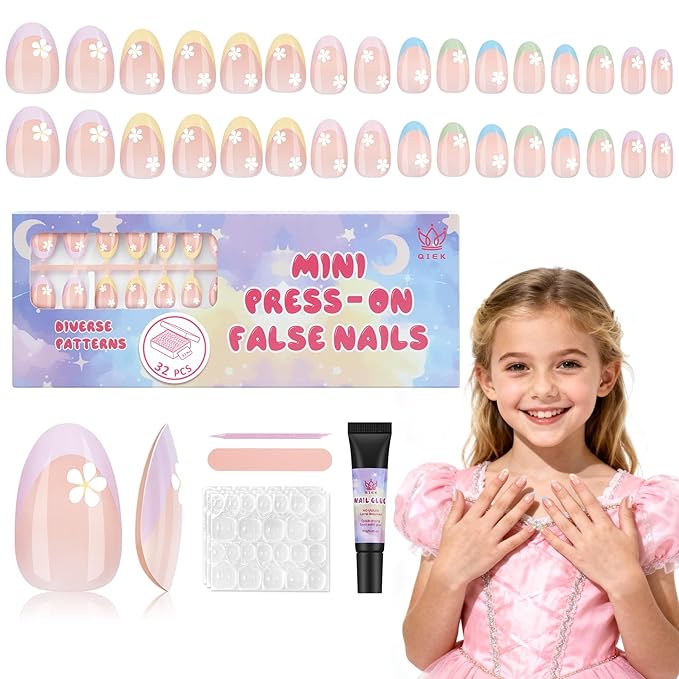 16 Sizes Press on Nails Kit for Kids - 32 Pieces French Almond Fake Nail Tips for Girls 8-12 Years Old with Jelly Nail Adhesives & No-Lamp Nail Glue, Birthday Christmas Gifts (Colorful Flower)