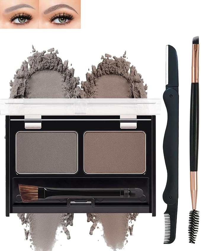 Eyebrow Powder Makeup Kit for Women,2 Colors Eye Brow Powder Waterproof Tinting Palette Long-Lasting,Taupe Brown Brow Fill&Sculpt Natural Eyebrow Contour for Sparse Brow with Brow Brush &Razor-02