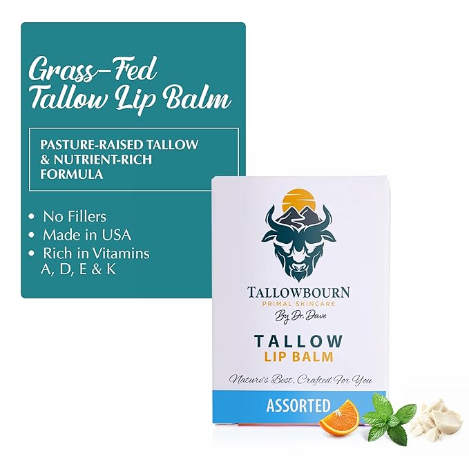 Moisturizing Tallow Lip Balm – Grass-Fed Beef Tallow with Organic Coconut Oil, Beeswax, and Vitamin E – Lip Balm Set – Variety Pack – Travel Essential – 3-Pack