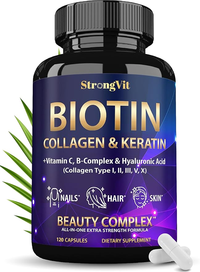Biotin with Hyaluronic Acid, Keratin, and Collagen Supplements - Hair Growth Vitamins for Women, Healthy Nails and Skin, B1, B2, B3, B6, B7 Complex, USA (120 Capsules)