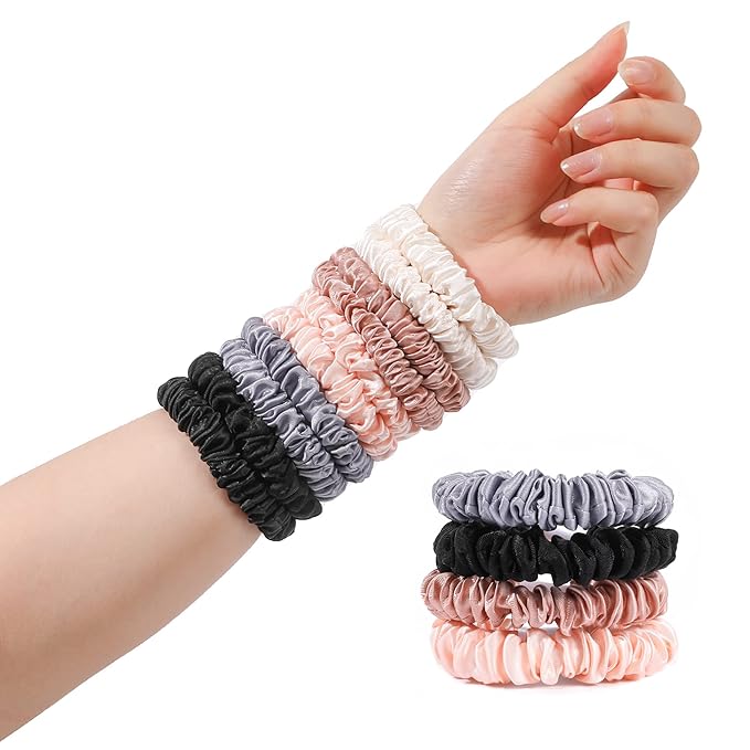 Hair Ties Silk Satin Scrunchies - Small Mini Thin Elestics Ponytail Holder Hair Bands Skinny Scrunchy For Thick Curl Hair No Crease Hair Ties Soft Accessories No Hurt Your Hair for Women and Girls (Basic color)