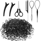 BESARME 1000pcs Mini Rubber Bands, Black Elastic Hair Ties with 6pcs Styling Tools for Baby Girls' Hair Accessories & Christmas Gifts