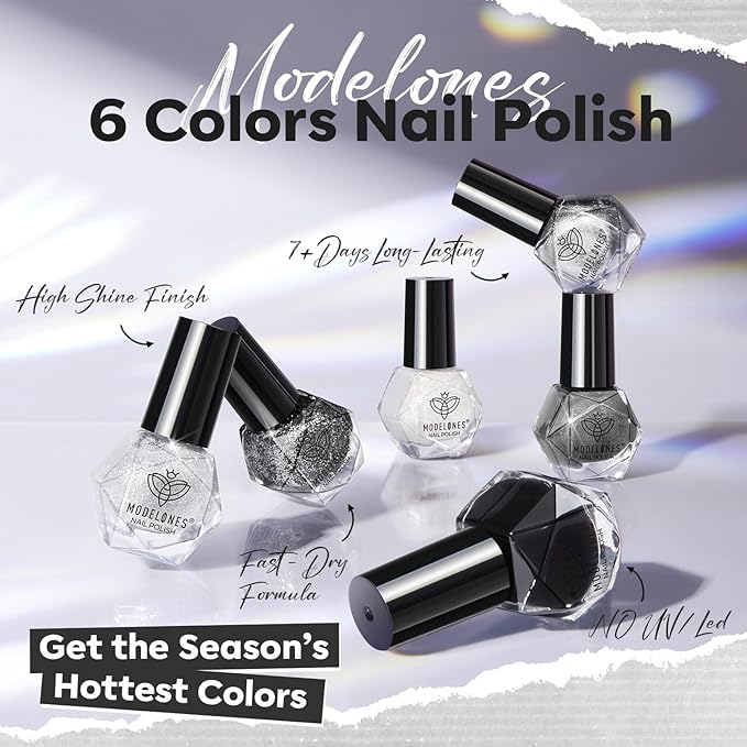 modelones Nail Polish Set, 6 Colors White Black Nail Polish with Magnet Glitter Cat Eye Magnetic Non Toxic Quick Dry Fingernail Polish Salon Home DIY Gifts For Women Girl