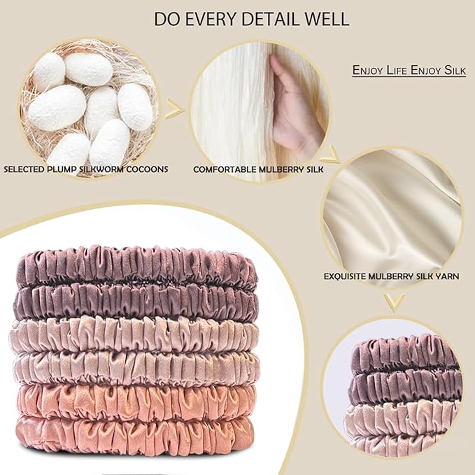 Suncdelv Silk,100% Silk Scrunchies for Hair,22 Momme Hair Ties for Anti-Crease & Breakage,Natural Women Hair Accessories，Fashion Hairbands 6PCS(Bean Paste, Rose Gold, Rubber Red)