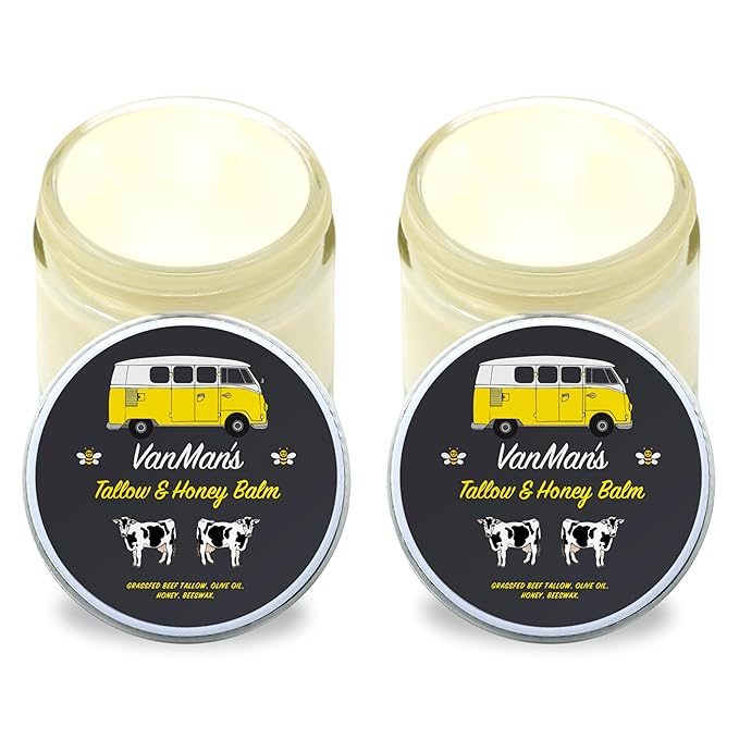 Vanman's Tallow and Honey Balm With No Added Scent (2 Pack) - Beef Tallow Face Moisturizer with Grass-Fed/Finished Beef Tallow for Skin, Organic Raw Honey and Beeswax, Cold Pressed Olive Oil - 2 oz