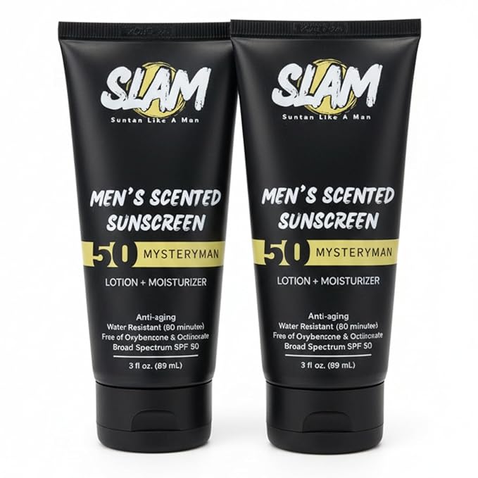 SLAM MysteryMan Men's Sunscreen Lotion SPF 50 & Moisturizer – Face & Body Sunblock, Anti-Aging, Water-Resistant, Hawaii Act 104 Safe, Daily Sport Skincare for Men, Scented – 3 fl oz. Double pack.