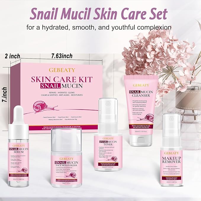 Gifts for Women,5 Pcs Skin Care Set W/Korean Snail Extract,Hydrating Moisturing Repairing Soothing Snail Mucin Serum Facial Skin Care Routine Kit for Dull Skin & Dry Skin,Gift Set for Women Teen Girls