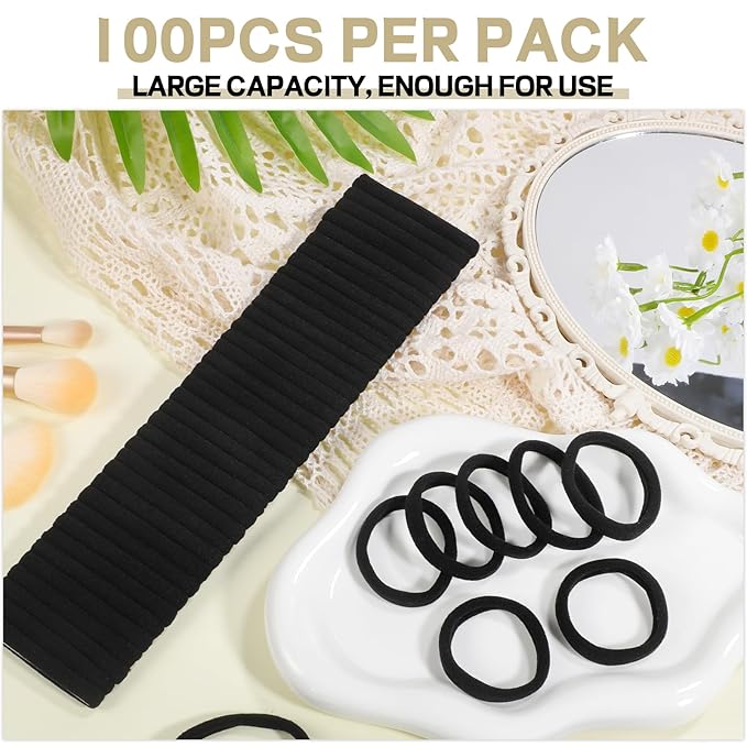 obeoby 100PCS Hair Ties for Thick Hair, Seamless Nylon Elastic Ponytail Holders, Bulk Black Hair Bands & Elastics for Women Girls