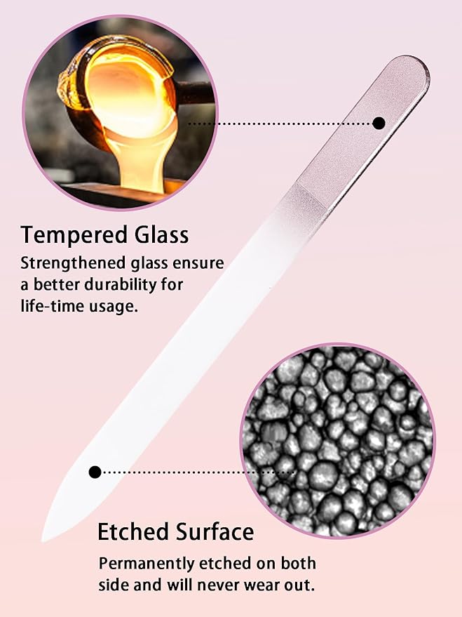 Glass Nail File and Buffer with Case, Crystal Fingernail Files for Natural Nails Nano Nail Shiner Polisher Care Kit for Travel Salon Stocking Stuffers for Women Girl Wife Gifts-Rose Gold