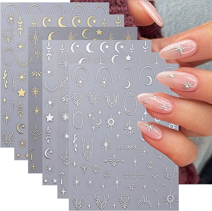 12 Sheets Gold Moon Star Nail Art Stickers Decals Luxury Metallic Silver Nail Stickers Sun Stars Moon Nail Art Design with Starlight Moon Charm Nail Adhesive Sliders for Women Manicure Decoration