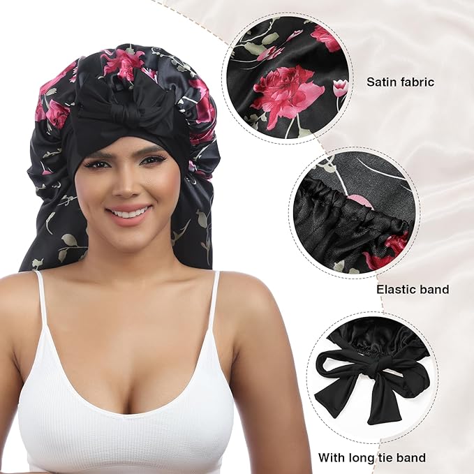 AWAYTR Long Satin Bonnet for Braids - Elastic Silk Hair Bonnets for Sleeping Night Cap Stretchy Tie Band for Women（Flower C）