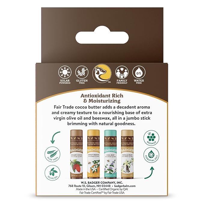 Badger Cocoa Butter Lip Balm Set, 100% Organic, Long Lasting Lip Moisturizers, Lip Care Variety Pack (Cocoa, Orange, Mint & Vanilla), All Natural Lip Balms, 4-pack