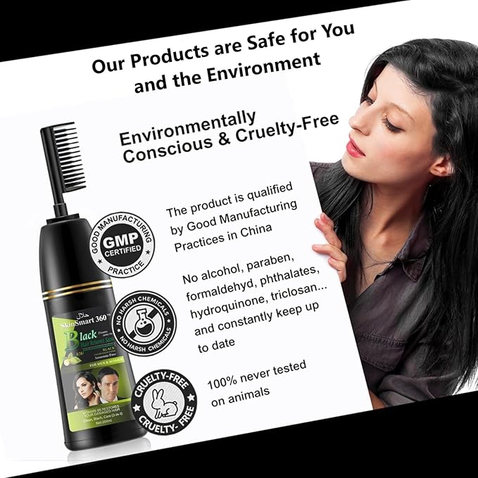 SkinSmart 360® No-Stain Hair Dye Shampoo – Full Gray Coverage for Men & Women, 3-in-1 Color + Cleanse + Condition, Natural Ingredients, Easy No-Mix Formula, 200 mL (Natural Black + Magic Comb)
