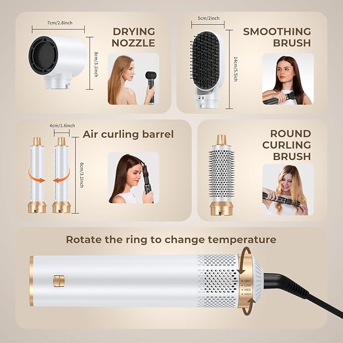 5 in 1 Blow Dryer Brush, Upgrade Hair Dryer Brush Air Curler Air Curling Wrap Styler, Detachable Hot Air Brush Negative Ion Curling Brush Iron, Hair Styling Tools for Drying Curling Straightening