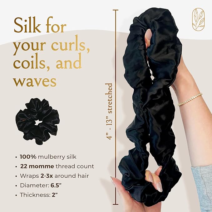 Silk Scrunchies for Women Ponytail Holders – Oversized Mulberry Silk Scrunchies – Extra Large No Damage Hair Ties for Curly, Thick, and Thin - Hair Accessories for Women – Black, XL By Curlfriend