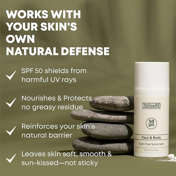 Tallow Sunscreen SPF 50 with Non Nano Zinc Oxide – Natural Mineral Sun Protection with Red Raspberry, Coconut Oil & Vit E – Reef Safe, Non Toxic & Moisturizing Sunblock for Face & Body – 3.4 oz