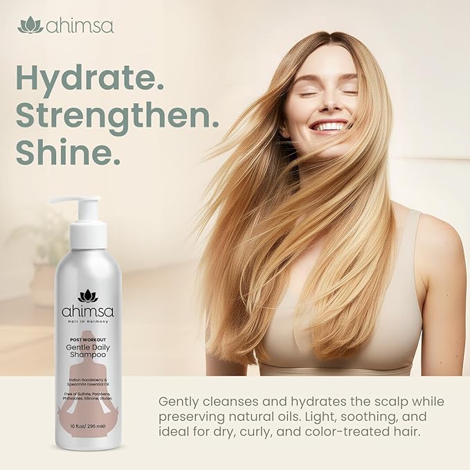 Ahimsa Gentle Daily Shampoo, Organic and Gentle Hydrating Shampoo for Dry, Curly & Color Treated Hair, Moisturizing Shampoos for Daily Use with Indian Gooseberry & Jasmine Essential Oil, Made in USA