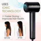 ELLA BELLA® Compact Plasma Hair Dryer, Advanced Plasma Technology Blow Dryer with Digital Display, Rapid Drying, Low Noise, & Luxury Velvet Travel Bag - Includes Diffuser & Nozzle- for All Hair Types