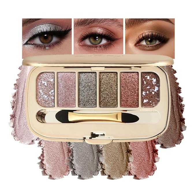 Glitter Eyeshadow Palette, Ultra-Shiny Sparkle Shimmer Eye Shadow with Fine Powder, Natural Pigment, Waterproof Sweat-Proof Long-Lasting Color, Shiny Multi-Color Nude Earth Tone Makeup Palette-6#