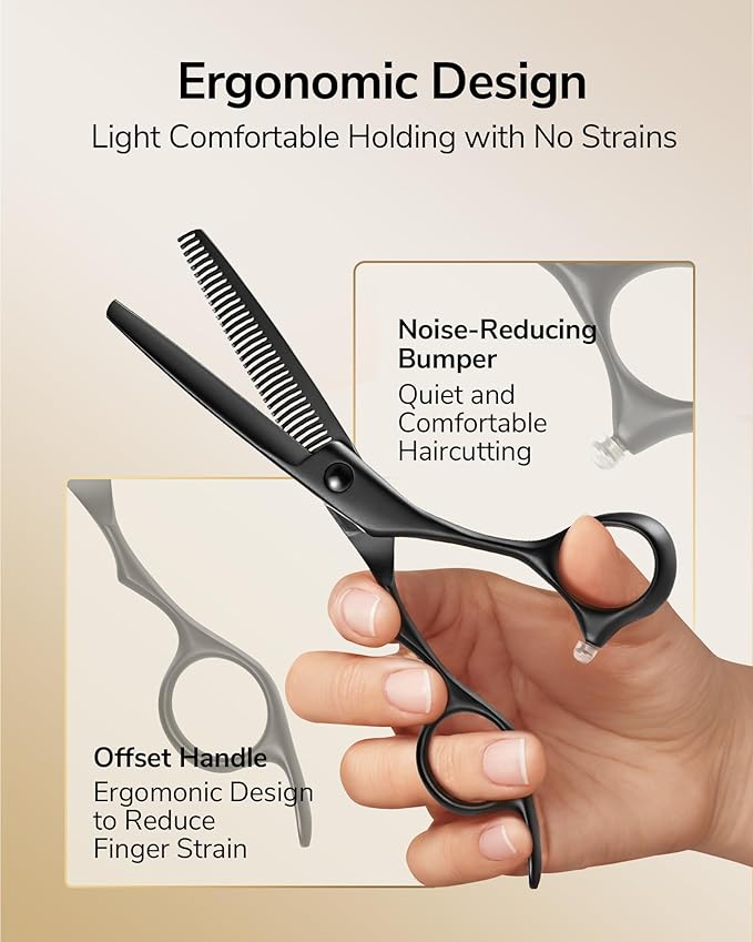 ULG Professional Hairdressing Shears 2 Pack 6.5 Inch Hair Cutting Scissors and Thinning Shears with Ergonomic Handle Lightweight for Salon Use and Home Matte Black