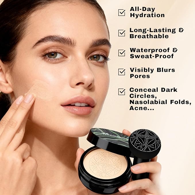 Mushroom Head Air Cushion CC Cream Christmas Gifts for Women, 1 Full-Size Makeup Foundation with 2 Refills & 1 Special Mushroom Head Puff, Upgraded Ingredients Long-lasting (Natural, 0.71 Fl Oz*3)