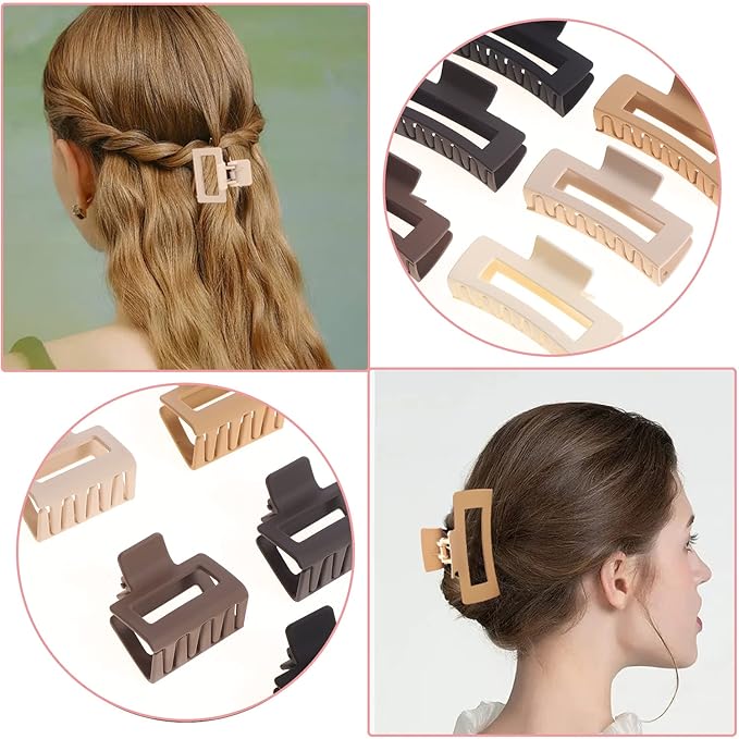 12 Pack Square Claw Clips, Big and Small Neutral Rectangle Hair Claw Clips, Non-slip Matte Large Hair Clips for Women,Strong Hold jaw clip for Thick Thin Hair (Neutral)