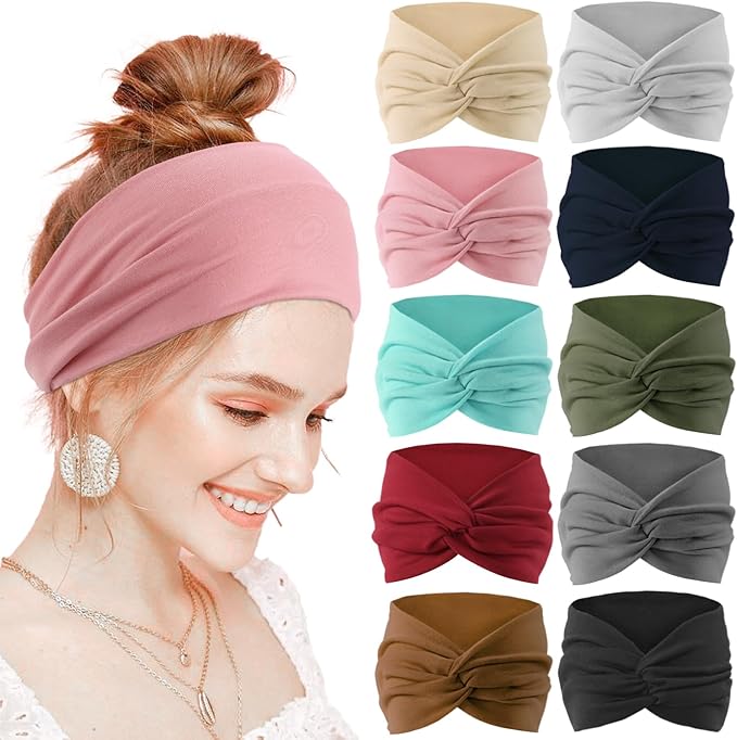 12 Pcs Stretchy Sport Headbands for Women,Absorbed Sport Headband Soft Twist Knotted Headbands for Yoga, Workout Daily Life