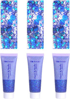 Face Body Glitter, Hair Glitter Sparkles Chunky Face Glitter Gel for Girls Makeup Singer Concerts Mermaid Festival Sequins Face Paint (3pc Blue)