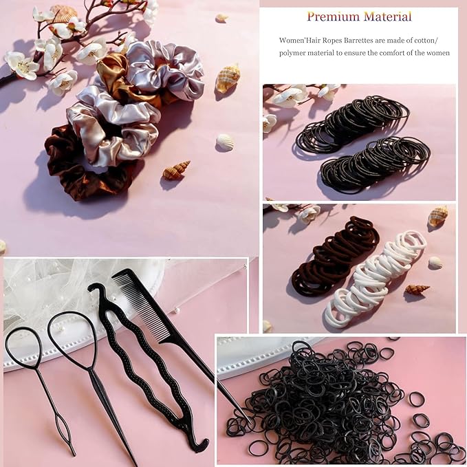 YANRONG Hair Accessories Set - 755 Seamless Ponytail Holders, Variety of Scrunchies, Bands, and Hair Ties for Thick and Curly Hair (light brown)