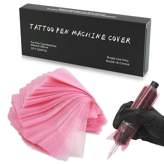 200PCS Tattoo Pen Covers - Rayyl Tattoo Pen Machine Covers Large Size 2.5x7.1 inch Pink for Cartridge Pen Machine Bags Sleeves Tattoo Kit Machine Pen Tattoo Supplies...