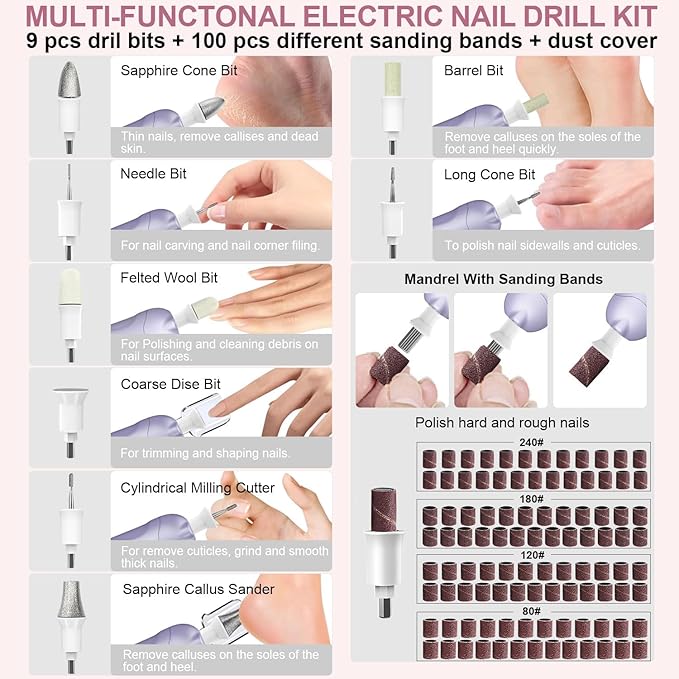 2 Pack 9-in-1 Cordless Nail Drill Kit: 100 Bits, 5 Speeds – Your Ultimate Manicure & Pedicure Solution,Purple