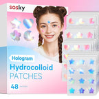 Sosky Hologram Pimple Patches for Face, Hydrocolloid Acne Patches with Salicylic Acid, Cute Star Zit Stickers,Colorful Blemish Covers,48 Count Blue Pink Star Heart Moon Flower
