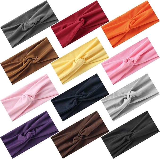 12 Pcs Stretchy Sport Headbands for Women,Absorbed Sport Headband Soft Twist Knotted Headbands for Yoga, Workout Daily Life