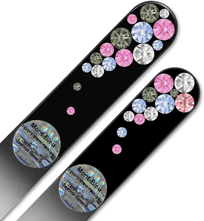 Mont Bleu Set of 2 Glass Nail Files Hand Decorated with Crystals - in Black Velvet Sleeve - Genuine Czech Tempered Glass - Gifts for her - Etched Glass Nail File for Nail Art & Nail Care