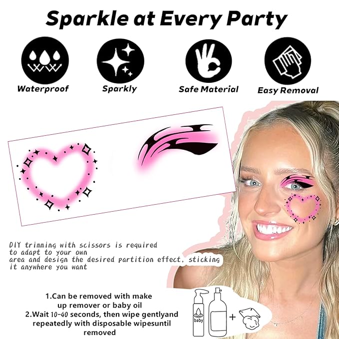 8 PCS Face Glitter Freckles Tattoo, Heart-Shaped Temporary Makeup Patches, Body Glitter Sparkle Fake Freckles Stickers Festival, Concert,Carnival Party,Cosmetic Glitter,Rave Accessories Decorations