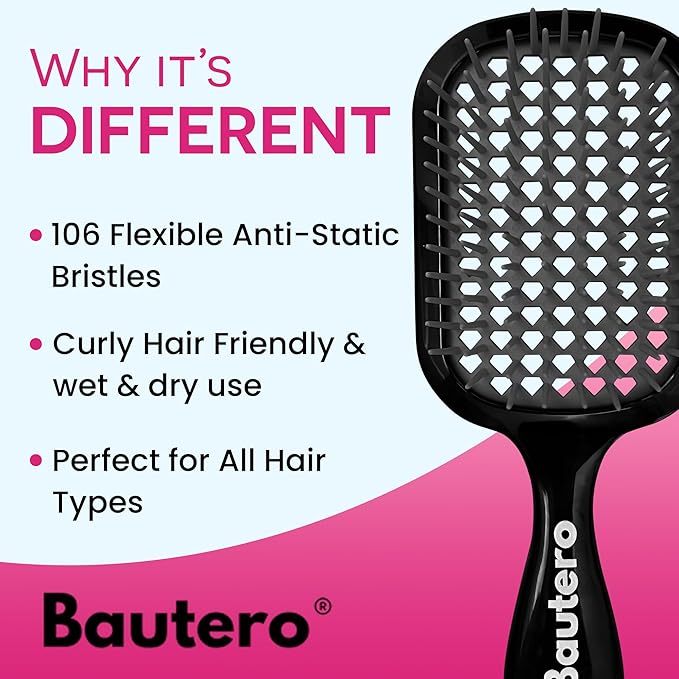 Bautero Brush Detangler Brush for Wet & Dry Hair, Pain-Free Brushing on All Hair Types, Knot Removal, Vented Hair Brush, Juni Midnight