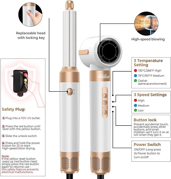 UKLISS Hair Dryer Brush 7 in 1，110000 RPM Hair Dryer with Diffuser for Curly & Twisted Hair Professional Ionic Brush Blow Dryer for Salon-Quality Styling, White Gold