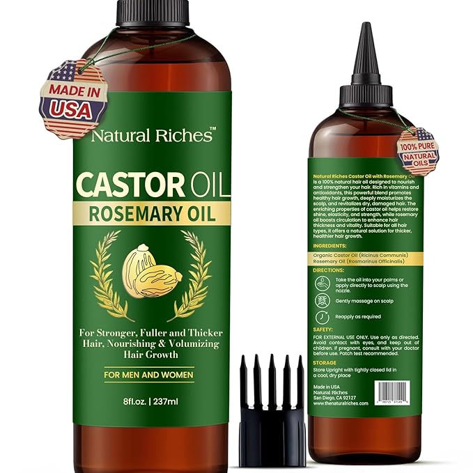 Natural Riches Castor Oil with Rosemary Oil, 8 fl oz, For Stronger, Fuller and Thicker Hair Growth - Organic Castor Oil with Rosemary Oil Premium Grade hair treatment